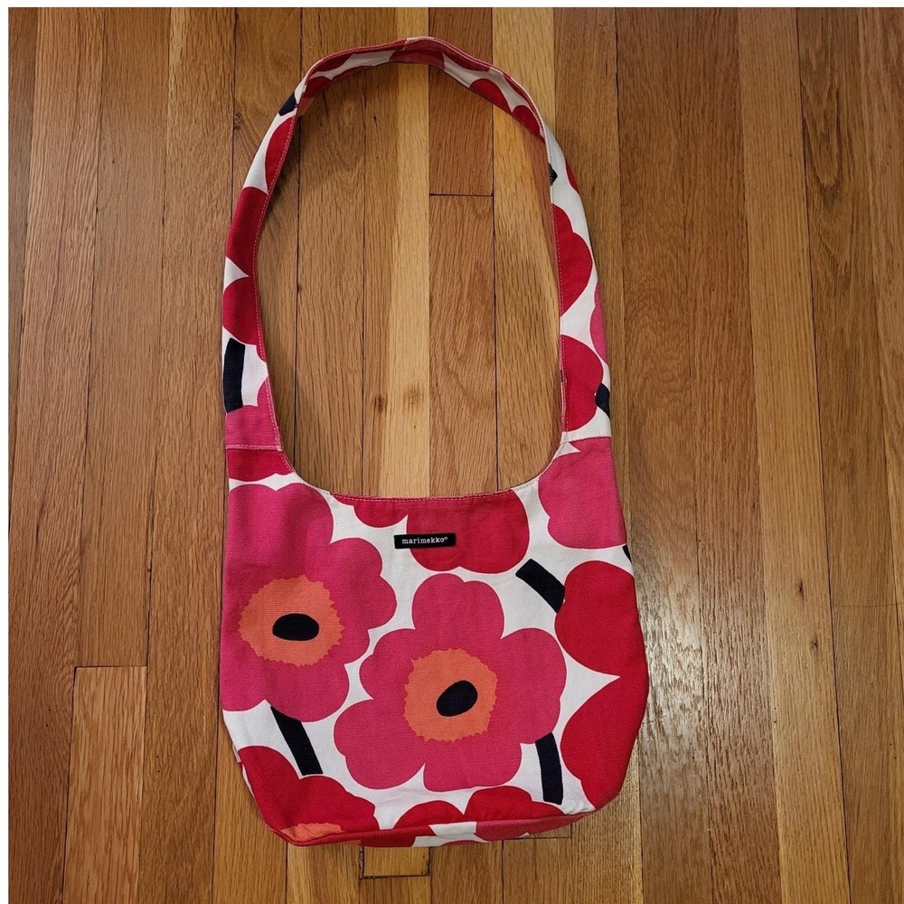 VTG Marimekko Unikko Hobo Shoulder Bag Pink Floral Canvas Made in Finland Y2K